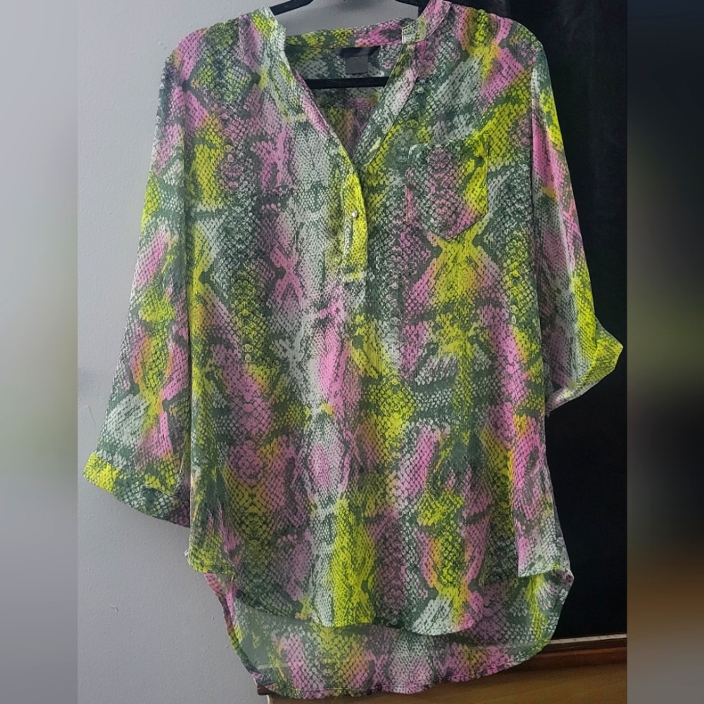 Multicolored Snakeskin Chiffon Top • Adjustable Sleeves • Rhinestone Buttons